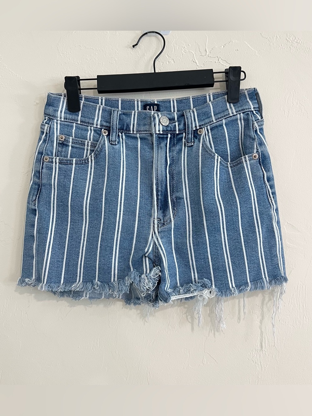 Gap Striped Button Fly High Rise Denim Mom Jean Shorts Sz 2 26 Nautical Coastal
